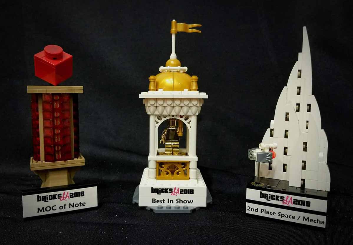 BricksLA trophies from left to right: MOC of Note; Best in Show; Space/Mecha 2nd Place 